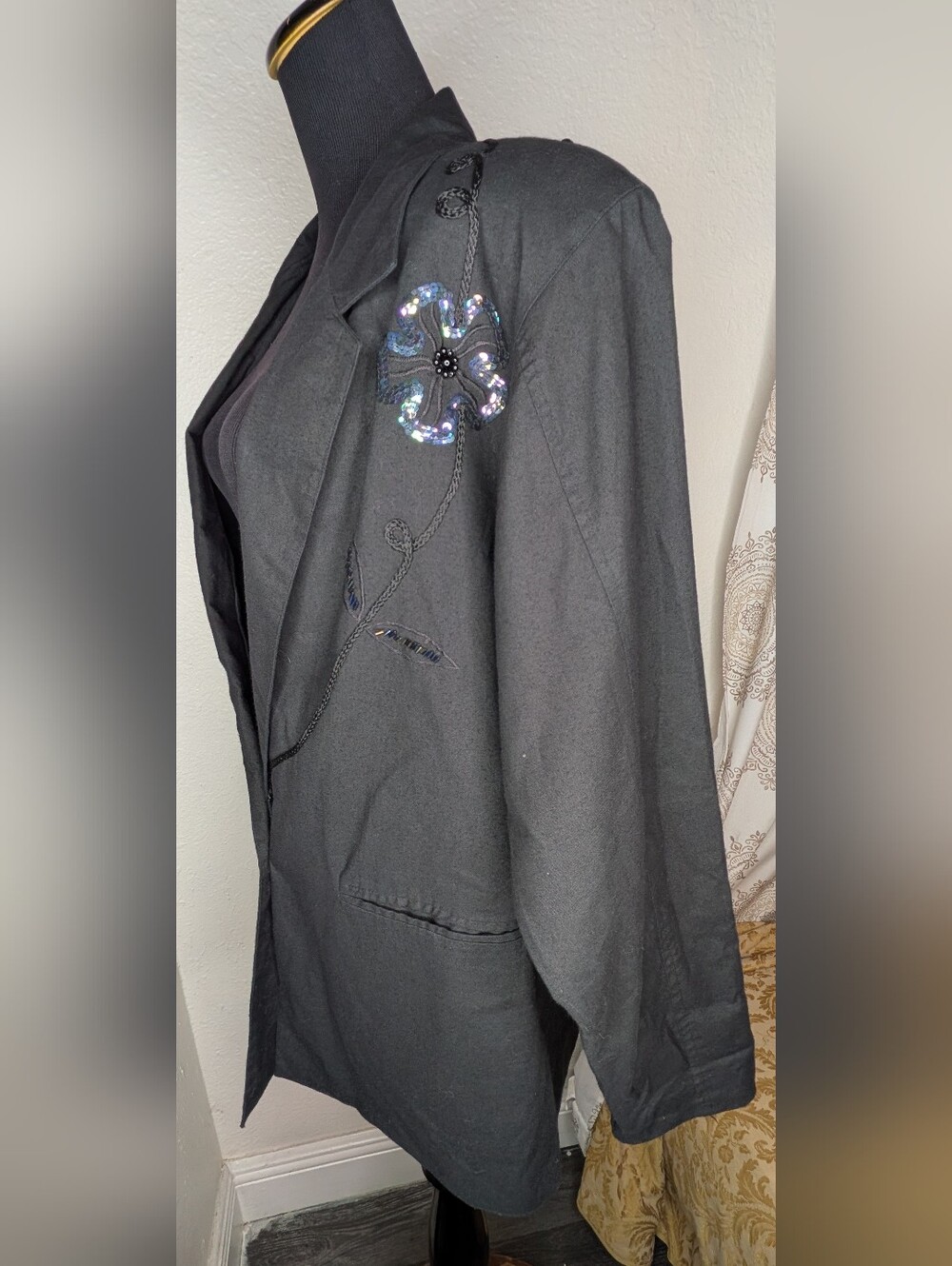 Vtg 90s Adolfo Royalty Collection Sequined Beaded Black Boho Pockets Blazer Sz M